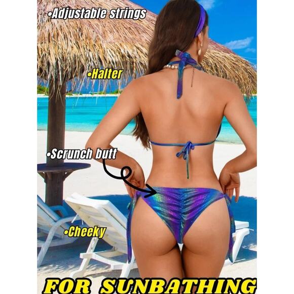 Sexy Women's Metallic Gold Bikini Set & Crystal Headband,triangle Halter, Large - Picture 13 of 14